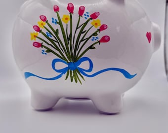 Hand Painted Ceramic Piggy Bank, Floral Design, Personalized Baby Girl Gift