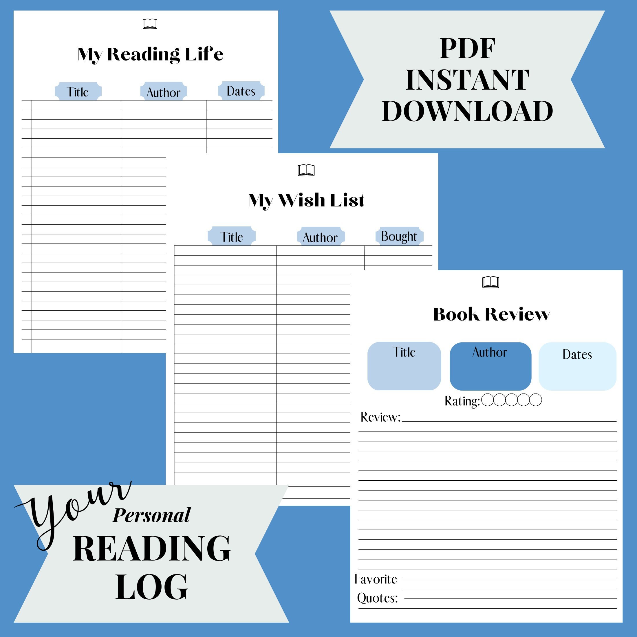 Reading Journal and Planner PDF Digital Download | Track reading progress | Review books and authors | Printable PDF 8x11 | personalize