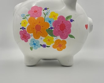 Personalized Ceramic Piggy Bank, Hand Painted Floral Design, Baby Girl Gift