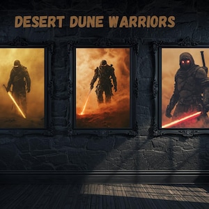 Desert Dune Warrior Sci-Fi Art – Sandstorm Soldier Posters, Orange Tones (Digital Download)