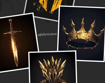 Goldene Könige Fantasy Art Prints: Krone, Schwert, Helm, Thron (Digitaler Download)