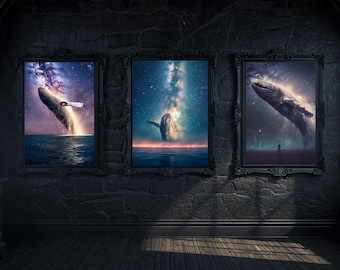 Cosmic Breaching Whales Set of 3 | Space Ocean Fantasy Prints | Surreal Galaxy Wall Art