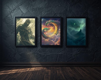 Fantasy Art Print Set of 3– Celestial Beasts, Dragon Serpent Landscapes (Digital Download)