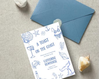 A Toast on the Coast Coastal Theme Personalized Bachelorette or Bridal Shower Invitation Digital Download