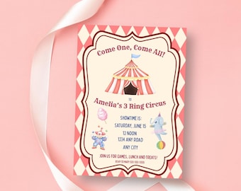 Three Ring Circus Pastel Circus/Carnival Theme Personalized Third Birthday Party Invitation Digital Download