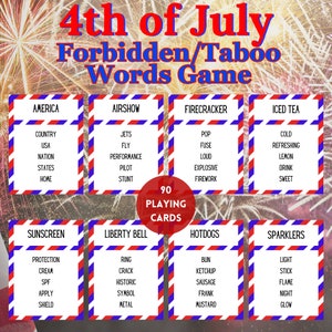 May include: A set of 90 playing cards for a 4th of July themed taboo or forbidden words game. The cards are red, white, and blue with a striped pattern. Each card has a category word at the top and a list of words below. The categories include America, Airshow, Firecracker, Iced Tea, Sunscreen, Liberty Bell, Hotdogs, and Sparklers.