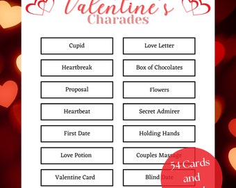 Juego de charadas para el día de San Valentín, juego de fiesta para San Valentín, juego de fiesta de Galentine, juego familiar para San Valentín, juego de Pictionary para San Valentín