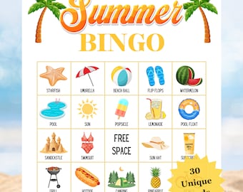 Summer Bingo Game, Summer Bingo Game for Adults and Kids, 30 Summer Bingo Cards, Summer Printable, Summer Vacation Bingo, Summer Activity