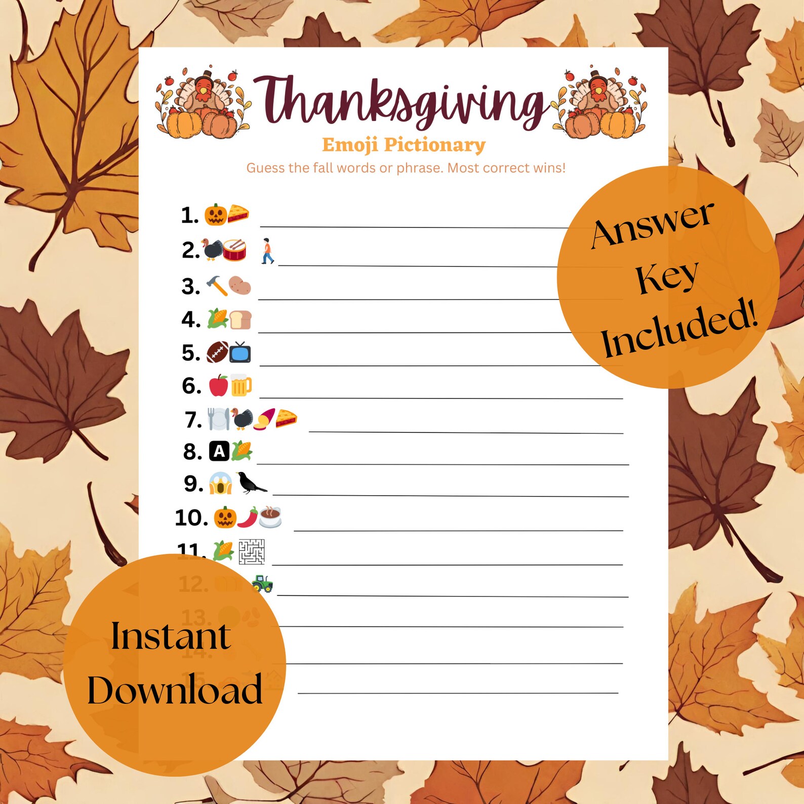 Thanksgiving Emoji Pictionary Game Thanksgiving Games for Family