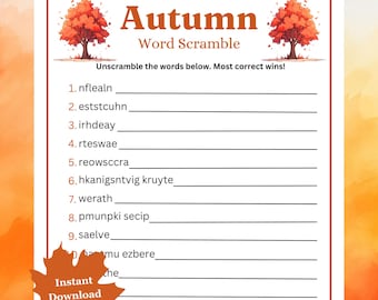Autumn Word Scramble, Fall Season Puzzle Activity, Fall Word Scramble Game, Fun Autumn Games, Thanksgiving, Printable Fall Game