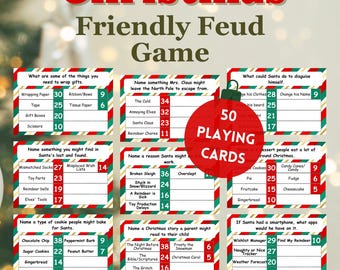 Könnte beinhalten: Ein Set mit 50 Weihnachts-Spielkarten mit grünen und roten Streifen. Die Karten enthalten Fragen zu Weihnachtsbräuchen, dem Weihnachtsmann und weihnachtlichen Leckereien. Die Karten sind perfekt für einen lustigen Familienspielabend.