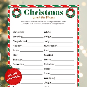 Christmas Finish the Phrase, Christmas Phrase Game, Christmas Printable Games, Christmas Family Activity, Christmas Party Game