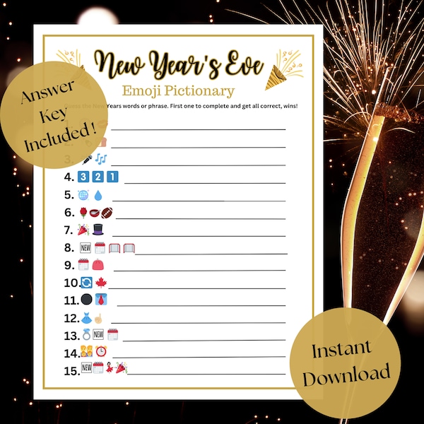 New Years Eve Emoji Pictionary, Emoji Pictionary Game, Printable Games, New Years Eve Party Game, New Years Games, Family Party Game