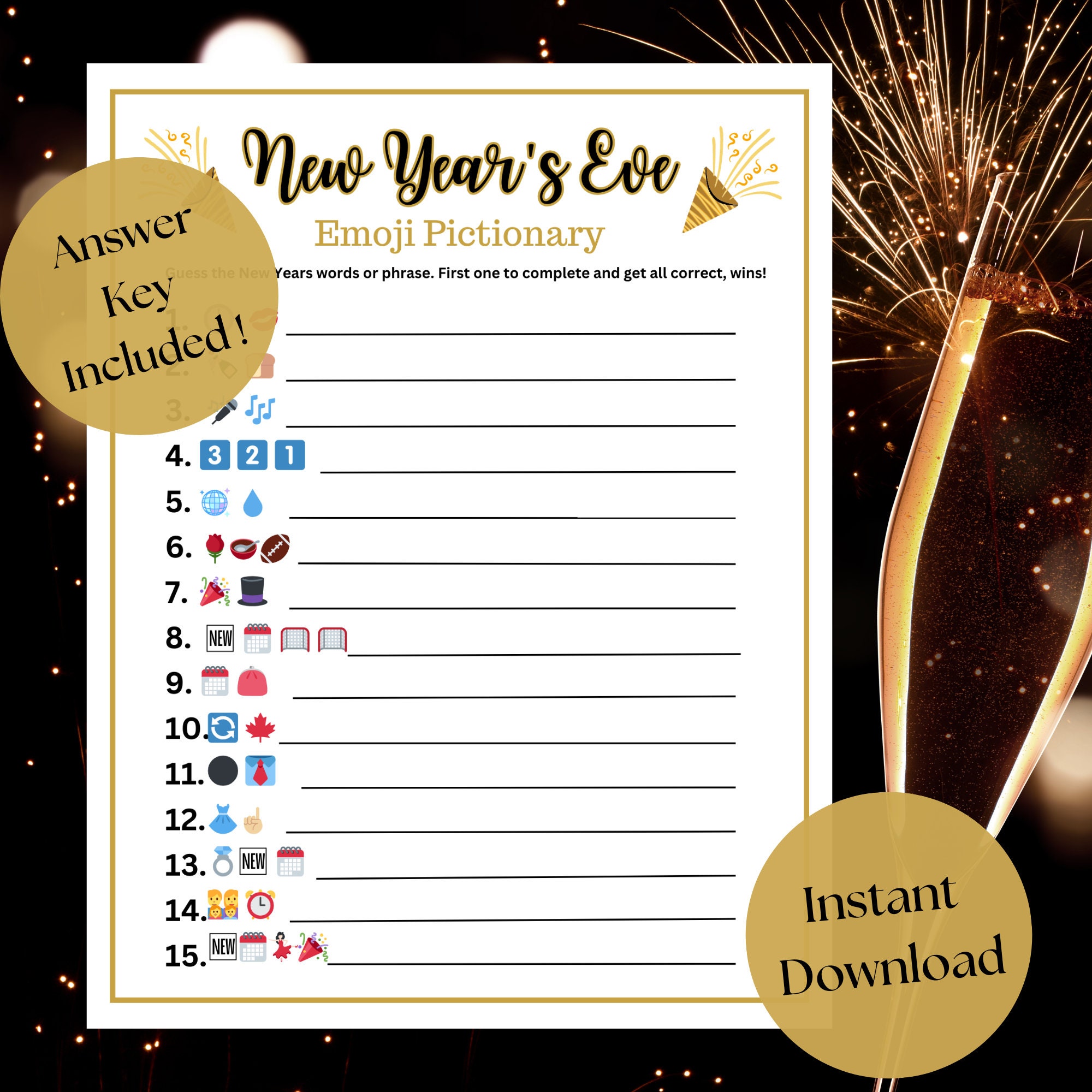 New Years Eve Emoji Pictionary, Emoji Pictionary Game, Printable Games, New Years Eve Party Game ...