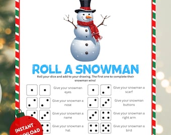 Könnte beinhalten: Ein druckbares Spielbrett mit einer Schneemann-Illustration. Das Spiel heißt "Roll a Snowman". Die Spieler würfeln und fügen ihrem Schneemann-Zeichen hinzu. Der erste Spieler, der seinen Schneemann vervollständigt, gewinnt.