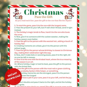 Christmas Pass the Gift Spiel, Pass the Present Spiel, Weihnachtspartyspiel, Weihnachtsgruppe spiel druckbar, Feiertagspartyspiel, Geschenkbörse