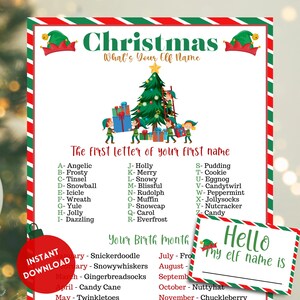 What&#39;s Your Elf Name, Christmas Elf Name Game, Office Christmas Party Game, Printable Elf Name Generator, Game for Adults and Kids