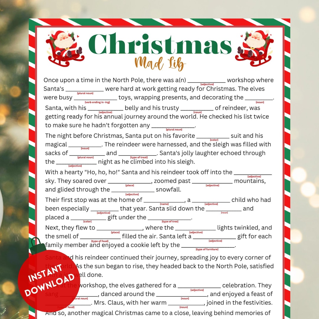 christmas mad libs, christmas party game, christmas story mad