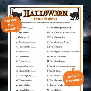 Halloween Phobia Match Up Game, Fun Halloween Party Game, Games for Adults and Teens, Phobia Quiz Game, Printable Halloween Game