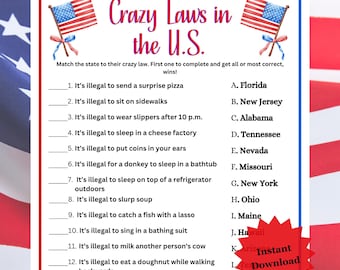 4th of July Trivia, Crazy Laws in the US Game, Fourth of July Party Games, Independence Day Games, US Trivia Quiz, 4th of July Party Game