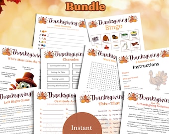 Könnte beinhalten: Ein Thanksgiving-Spielepaket mit mehreren bedruckten Aktivitätsblättern, darunter Emoji-Pictionary, Bingo, Scharade, Wortsuche, 5-Sekunden-Spiel, Links-Rechts-Spiel, Dankbarkeits-Alphabet, Entweder-Oder-Spiel und Lückentexte mit Herbstblattmotiven.