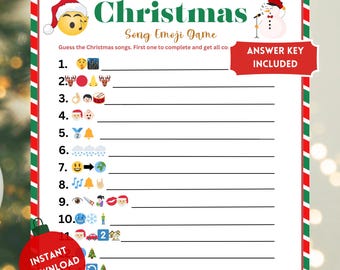 May include: A printable Christmas game with a red and green striped border. The game is called "Christmas Song Emoji Game" and asks players to guess the Christmas songs based on emojis. The answer key is included.
