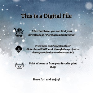 K&ouml;nnte beinhalten: Eine Grafik mit Anweisungen zum Herunterladen digitaler Dateien mit einem Einkaufswagen, einer Wolke mit einem Download-Pfeil und einem Druckersymbol. Der Text lautet "Dies ist eine digitale Datei", "Nach dem Kauf finden Sie Ihre Downloads unter "K&auml;ufe und Bewertungen"", "Klicken Sie dort auf "Dateien herunterladen" (Hinweis: Dies funktioniert NICHT &uuml;ber die App, sondern nur auf der Etsy-Mobilseite oder Website auf einem PC)", "Drucken Sie zu Hause oder in Ihrem Lieblingsdruckgesch&auml;ft!" und "Viel Spa&szlig;!"