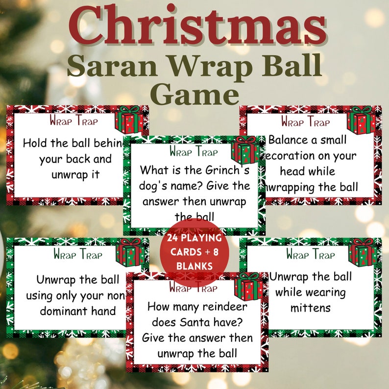 K&ouml;nnte beinhalten: Ein Weihnachts-Saran-Wrap-Ballspiel mit 24 Spielkarten und 8 Blanks. Die Karten haben verschiedene Herausforderungen, die es zu meistern gilt, w&auml;hrend man einen Ball auspackt, wie z. B. "Halte den Ball hinter deinem R&uuml;cken und packe ihn aus" und "Packe den Ball aus, w&auml;hrend du Handschuhe tr&auml;gst".