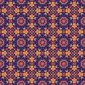 May include: A seamless pattern with a repeating design of stylized flowers in shades of orange, yellow, blue, and pink on a dark purple background.