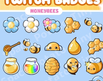 May include: 18 colorful Twitch badges featuring honeybees, flowers, honeycombs, and jars of honey. The text "HONEYBEES" is at the top of the image.