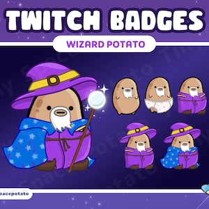 May include: A set of Twitch badges featuring a purple potato wearing a wizard hat and robe. The potato is holding a wand and has a white beard. The other badges show the potato in different poses, including a plain potato, a potato wearing underwear, and a potato wearing a purple robe.