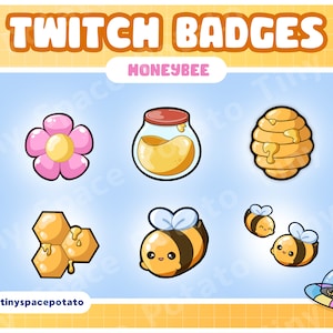 Puede incluir: Un conjunto de seis insignias de Twitch coloridas con un tema de abeja. Las insignias incluyen una flor, un tarro de miel, un panal, un panal con miel goteando, una abeja de dibujos animados y dos abejas de dibujos animados más pequeñas.