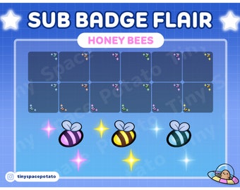 Può includere: Una griglia blu e bianca con il testo "SUB BADGE FLAIR" e "HONEY BEES" in rosa. Ci sono nove quadrati con piccole immagini di api in ogni quadrato. Sotto la griglia ci sono tre immagini di api con uno schema di colori giallo, rosa e blu. Ci sono anche stelle scintillanti nell'immagine.