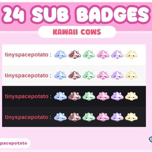 24 twitch sub badges kawaii cow aesthetic theme, pastel sub badges with two twitch sub badge flairs in a crown and heart, features kawaii milk, bell bow, cute cows in pink, blue, brown, green, purple and yellow stream package