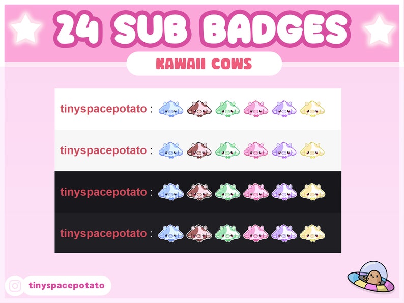 24 twitch sub badges kawaii cow aesthetic theme, pastel sub badges with two twitch sub badge flairs in a crown and heart, features kawaii milk, bell bow, cute cows in pink, blue, brown, green, purple and yellow stream package