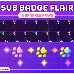 Twitch Badge Flair Sparkle Paw Print (SET of 12)  Vtuber Assets Cat Sub Badges Cute Sub Badges Flair Twitch Flair