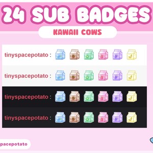 24 twitch sub badges kawaii cow aesthetic theme, pastel sub badges with two twitch sub badge flairs in a crown and heart, features kawaii milk, bell bow, cute cows in pink, blue, brown, green, purple and yellow stream package