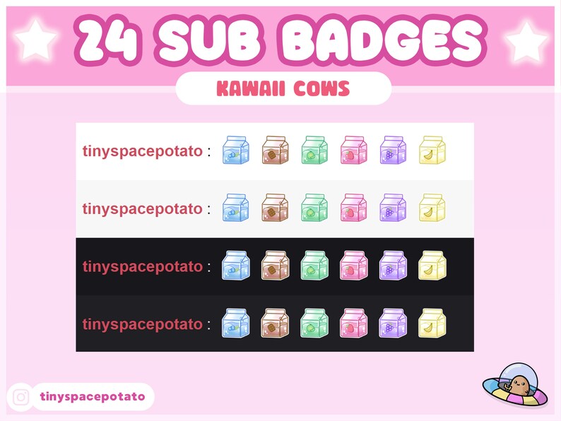 24 twitch sub badges kawaii cow aesthetic theme, pastel sub badges with two twitch sub badge flairs in a crown and heart, features kawaii milk, bell bow, cute cows in pink, blue, brown, green, purple and yellow stream package