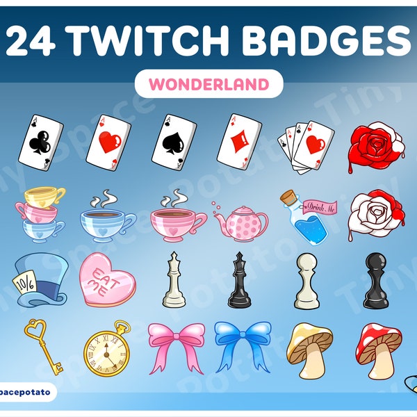 Twitch Sub Badges Wonderland (SET of 24) Twitch Bit Badges Mushroom Twitch Badge Cards Potion Liquid Cute Badges