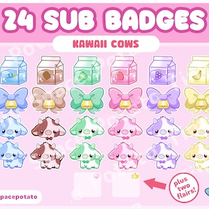 Twitch-subbadges Kawaii koe (SET van 24 plus 2 FLAIR) Twitch-bit-badges Leuke sub-badges Milk Bow voor Vtuber