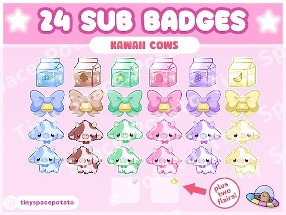 Twitch Sub Badges Kawaii Cow (SET of 24 plus 2 FLAIR) Twitch Bit Badges Cute Sub Badges Milk Bow for Vtuber