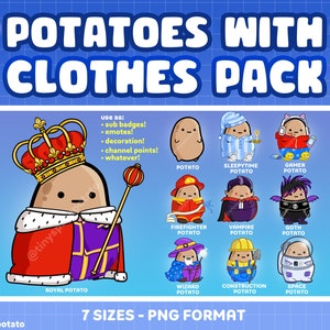 Może przedstawiać: Zestaw 10 cyfrowych ilustracji ziemniaków w różnych kostiumach. Kostiumy obejmują króla, szlafrok, gracza, strażaka, wampira, gotyckiego, czarodzieja, robotnika budowlanego i kosmicznego odkrywcę. Tekst "POTATOES WITH CLOTHES PACK" znajduje się w górnej części obrazu. Tekst "7 SIZES - PNG FORMAT" znajduje się w dolnej części obrazu.