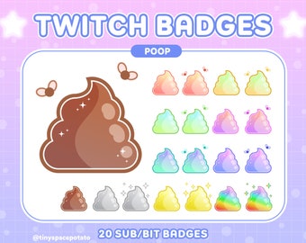 Twitch Sub Badges Kawaii Poop (SET OF 20) Bit Badges Cute sub badges twitch sub badges sub badges vtuber assets