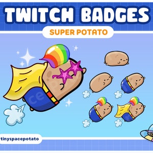Könnte beinhalten: Ein Satz Twitch-Badges mit einem Cartoon-Kartoffel-Charakter in verschiedenen Posen. Das Haupt-Badge zeigt die Kartoffel in einem Superhelden-Kostüm mit einem Regenbogen-Umhang, einer Sonnenbrille und einem gelben Umhang. Die anderen Badges zeigen die Kartoffel in verschiedenen Posen, darunter Fliegen, Stehen und Sitzen. Der Text "SUPER POTATO" wird über den Badges angezeigt.