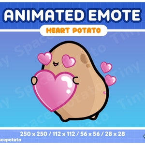 May include: Animated emote of a brown potato with a pink heart in its arms and pink hearts around its head. The text "HEART POTATO" is above the potato. The text "250 x 250 / 112 x 112 / 56 x 56 / 28 x 28" is below the potato.