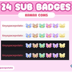 24 twitch sub badges kawaii cow aesthetic theme, pastel sub badges with two twitch sub badge flairs in a crown and heart, features kawaii milk, bell bow, cute cows in pink, blue, brown, green, purple and yellow stream package