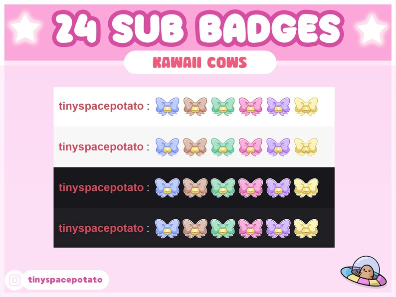 24 twitch sub badges kawaii cow aesthetic theme, pastel sub badges with two twitch sub badge flairs in a crown and heart, features kawaii milk, bell bow, cute cows in pink, blue, brown, green, purple and yellow stream package