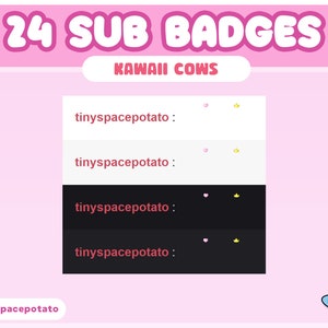 24 twitch sub badges kawaii cow aesthetic theme, pastel sub badges with two twitch sub badge flairs in a crown and heart, features kawaii milk, bell bow, cute cows in pink, blue, brown, green, purple and yellow stream package
