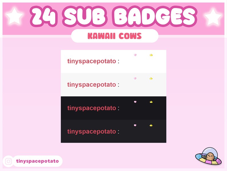 24 twitch sub badges kawaii cow aesthetic theme, pastel sub badges with two twitch sub badge flairs in a crown and heart, features kawaii milk, bell bow, cute cows in pink, blue, brown, green, purple and yellow stream package