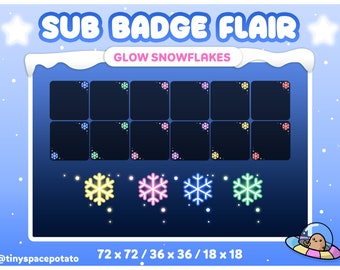 Può includere: Un'illustrazione digitale di 12 badge di abbonamento Twitch personalizzabili con fiocchi di neve luminosi in vari colori. I badge sono disposti in una griglia con il testo "SUB BADGE FLAIR" e "GLOW SNOWFLAKES" nella parte superiore. Il testo "72 x 72 / 36 x 36 / 18 x 18" è nella parte inferiore dell'immagine.